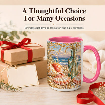 #pl[15oz|Pink] Sunset Seashell Coffee Mug, Faceted Beach Mug, Ceramic Cup, Coastal Art