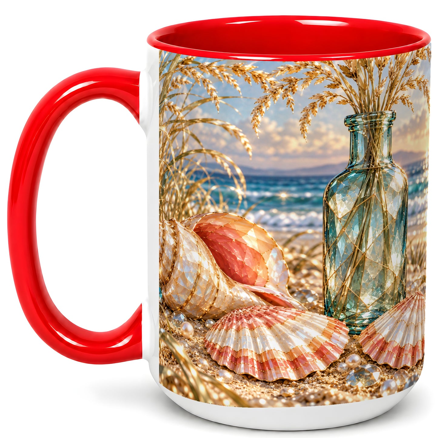 #pl[15oz|Red] Sunset Seashell Coffee Mug, Faceted Beach Mug, Ceramic Cup, Coastal Art