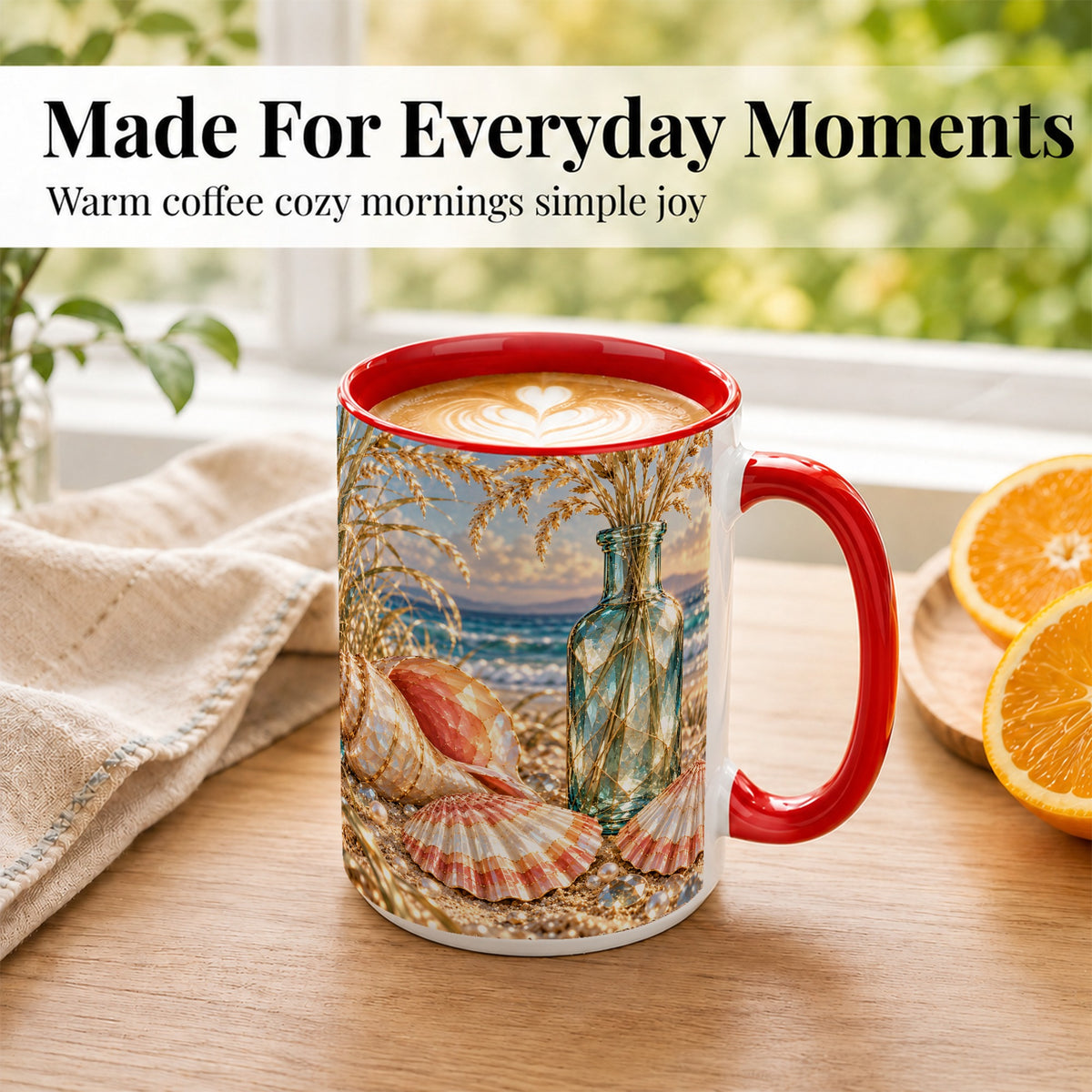 #pl[15oz|Red] Sunset Seashell Coffee Mug, Faceted Beach Mug, Ceramic Cup, Coastal Art