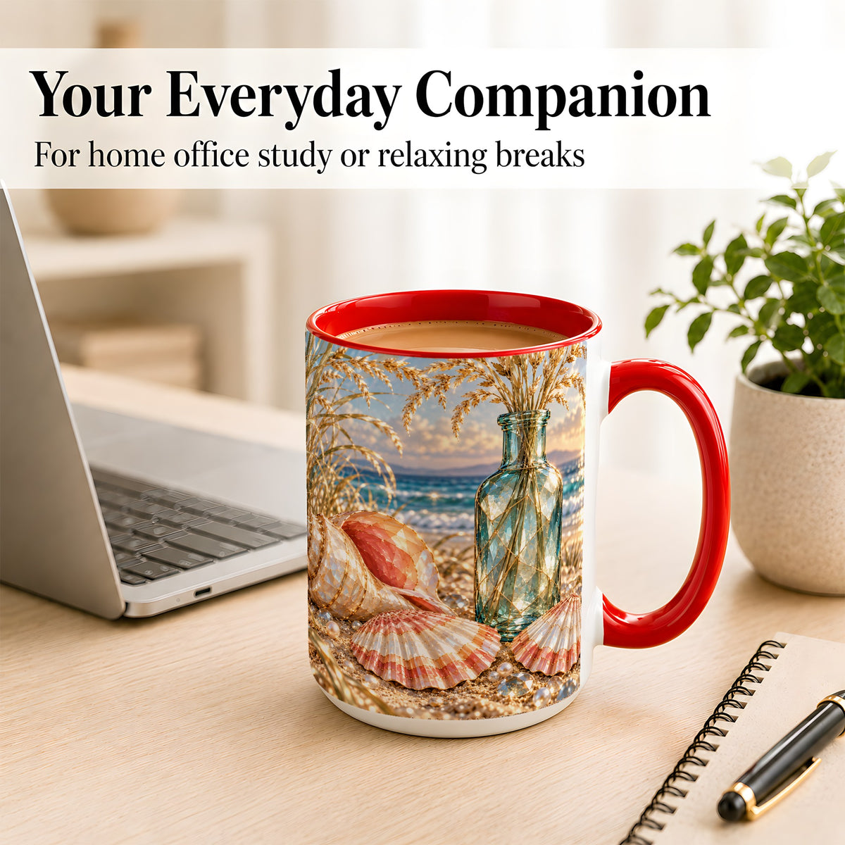 #pl[15oz|Red] Sunset Seashell Coffee Mug, Faceted Beach Mug, Ceramic Cup, Coastal Art