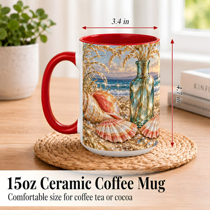 #pl[15oz|Red] Sunset Seashell Coffee Mug, Faceted Beach Mug, Ceramic Cup, Coastal Art