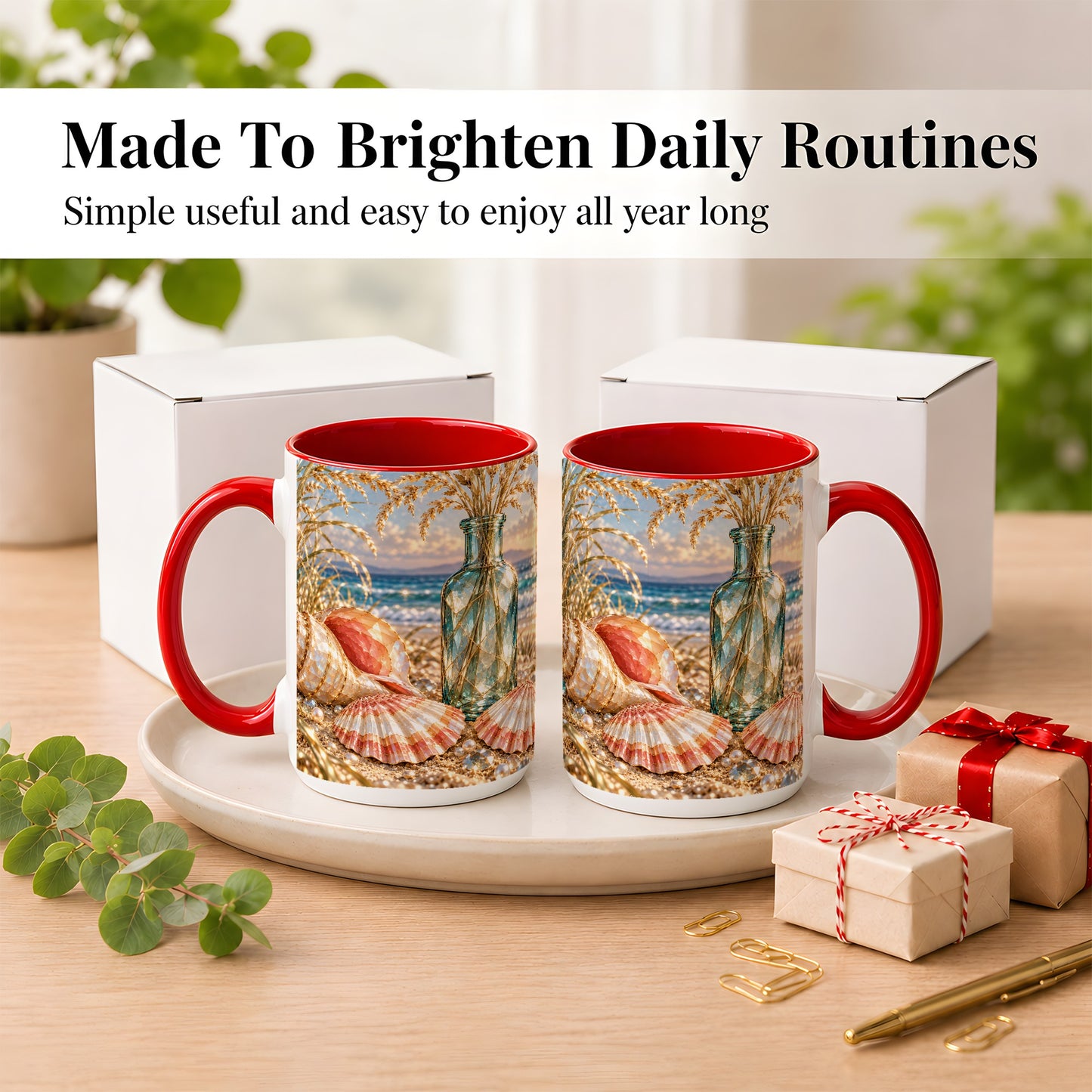 #pl[15oz|Red] Sunset Seashell Coffee Mug, Faceted Beach Mug, Ceramic Cup, Coastal Art