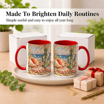 #pl[15oz|Red] Sunset Seashell Coffee Mug, Faceted Beach Mug, Ceramic Cup, Coastal Art
