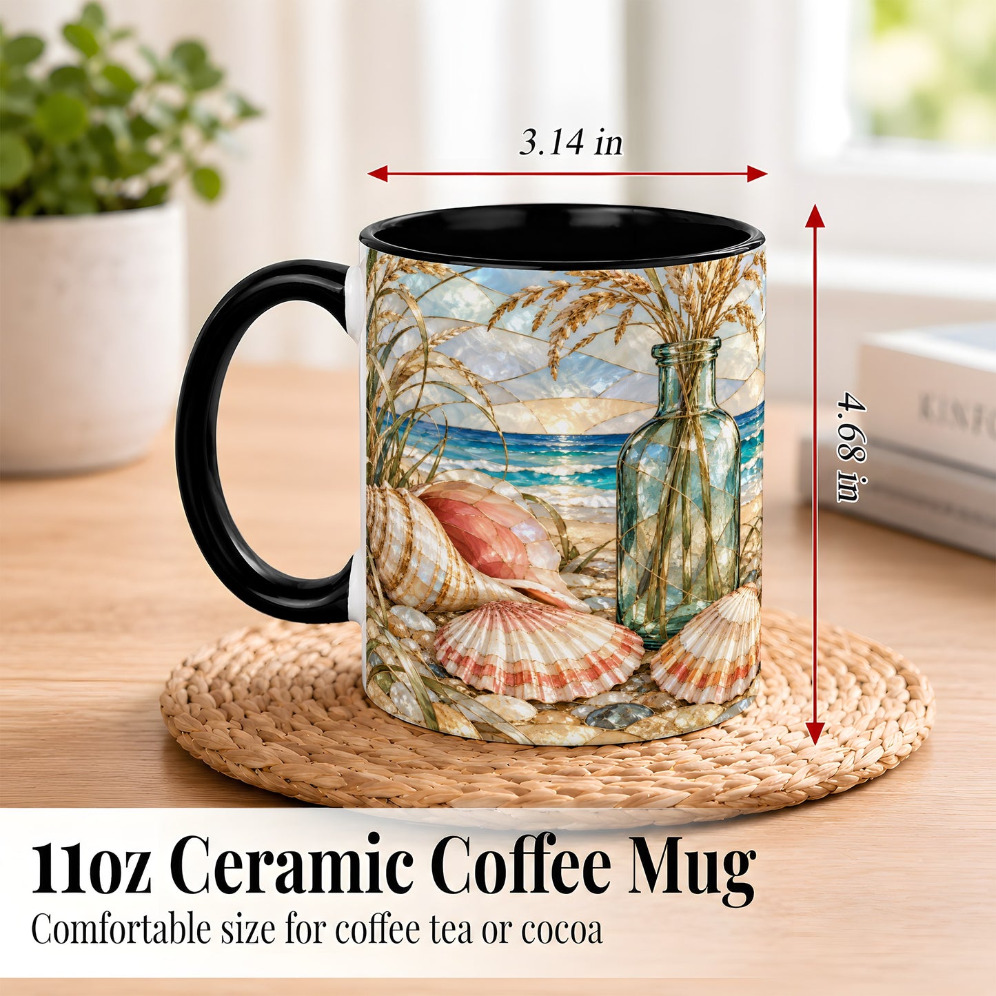 #pl[11oz|Black] Coastal Seashell Coffee Mug, Blue Bottle Beach Mug, Ceramic Cup