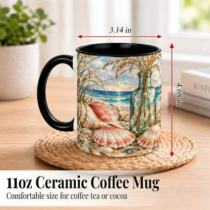 #pl[11oz|Black] Coastal Seashell Coffee Mug, Blue Bottle Beach Mug, Ceramic Cup