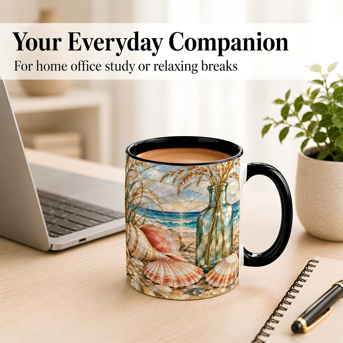 #pl[11oz|Black] Coastal Seashell Coffee Mug, Blue Bottle Beach Mug, Ceramic Cup