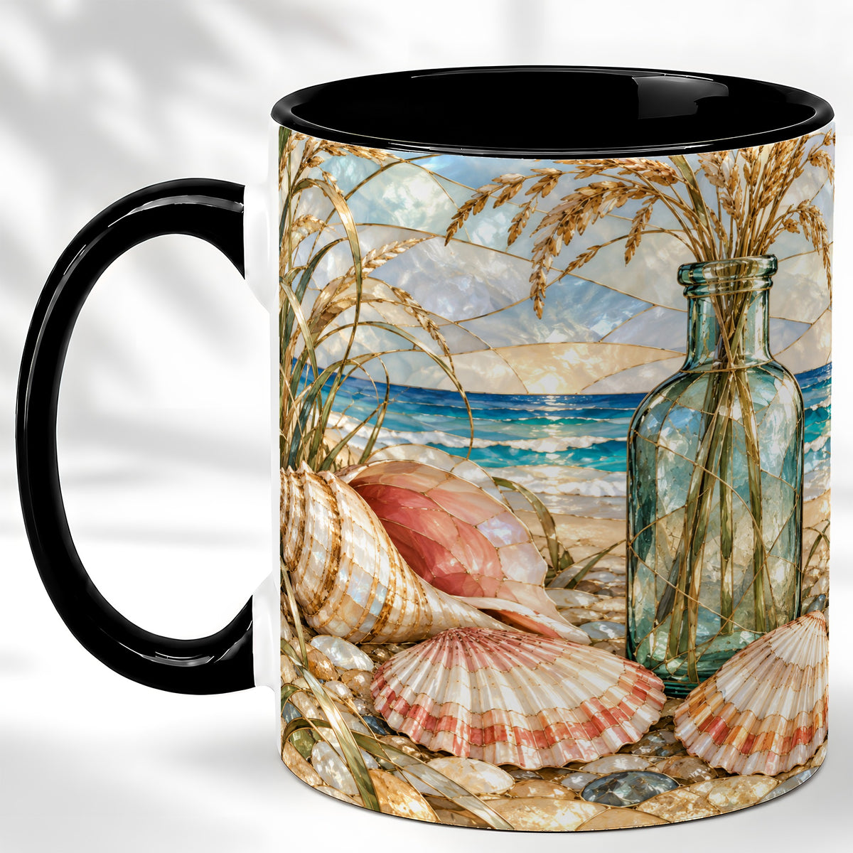 #pl[11oz|Black] Coastal Seashell Coffee Mug, Blue Bottle Beach Mug, Ceramic Cup