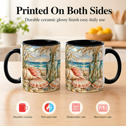 #pl[11oz|Black] Coastal Seashell Coffee Mug, Blue Bottle Beach Mug, Ceramic Cup