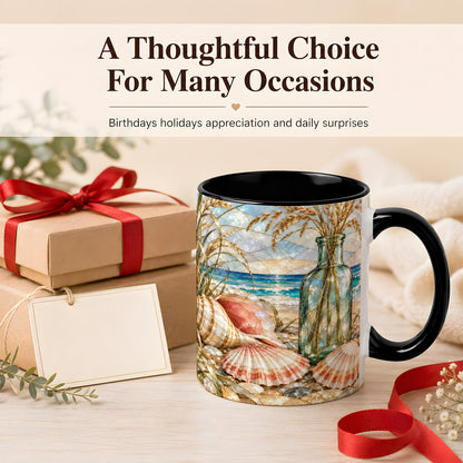 #pl[11oz|Black] Coastal Seashell Coffee Mug, Blue Bottle Beach Mug, Ceramic Cup