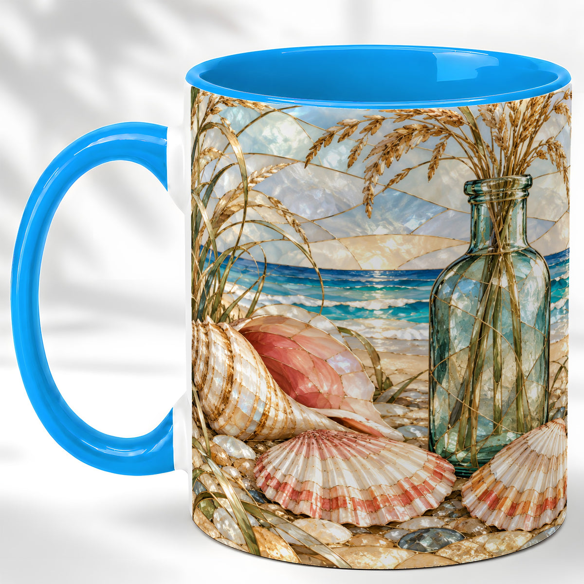 #pl[11oz|Blue] Coastal Seashell Coffee Mug, Blue Bottle Beach Mug, Ceramic Cup