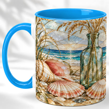 #pl[11oz|Blue] Coastal Seashell Coffee Mug, Blue Bottle Beach Mug, Ceramic Cup
