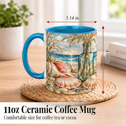 #pl[11oz|Blue] Coastal Seashell Coffee Mug, Blue Bottle Beach Mug, Ceramic Cup