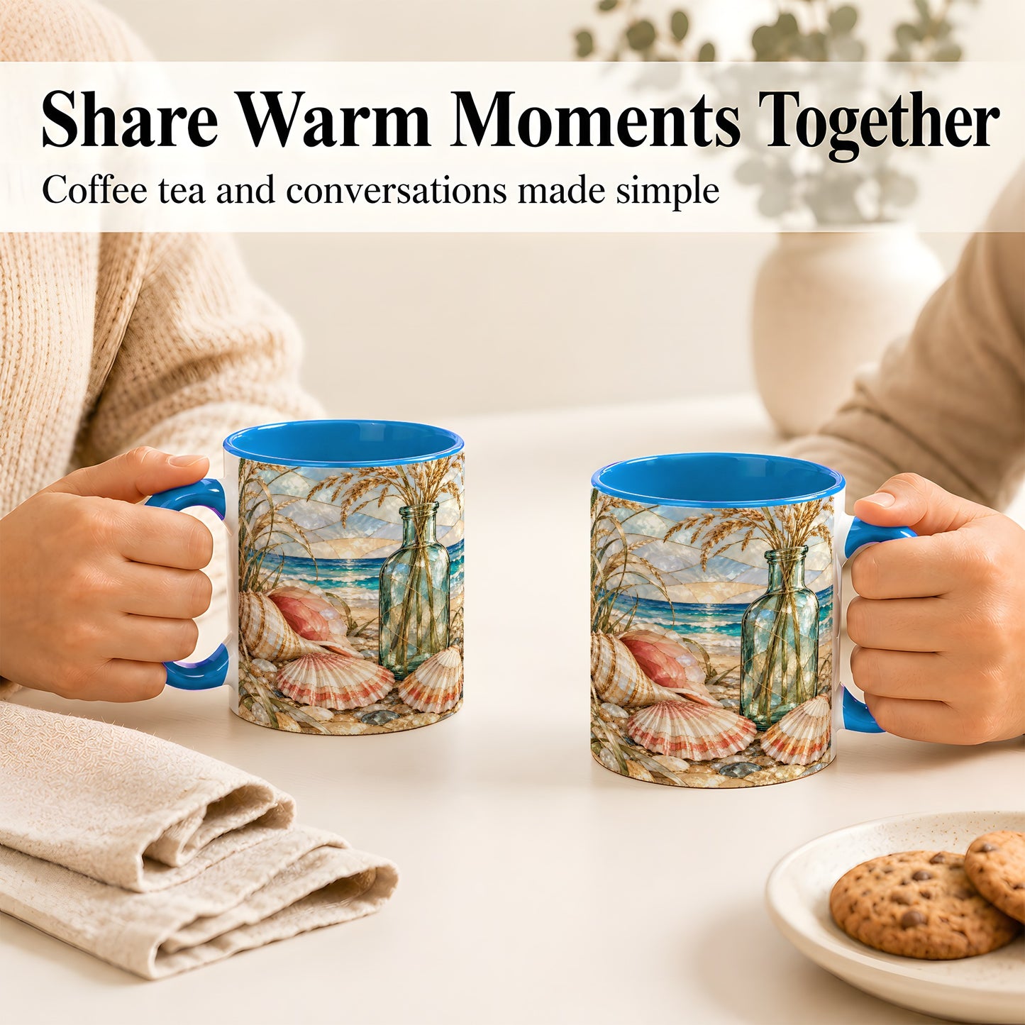 #pl[11oz|Blue] Coastal Seashell Coffee Mug, Blue Bottle Beach Mug, Ceramic Cup