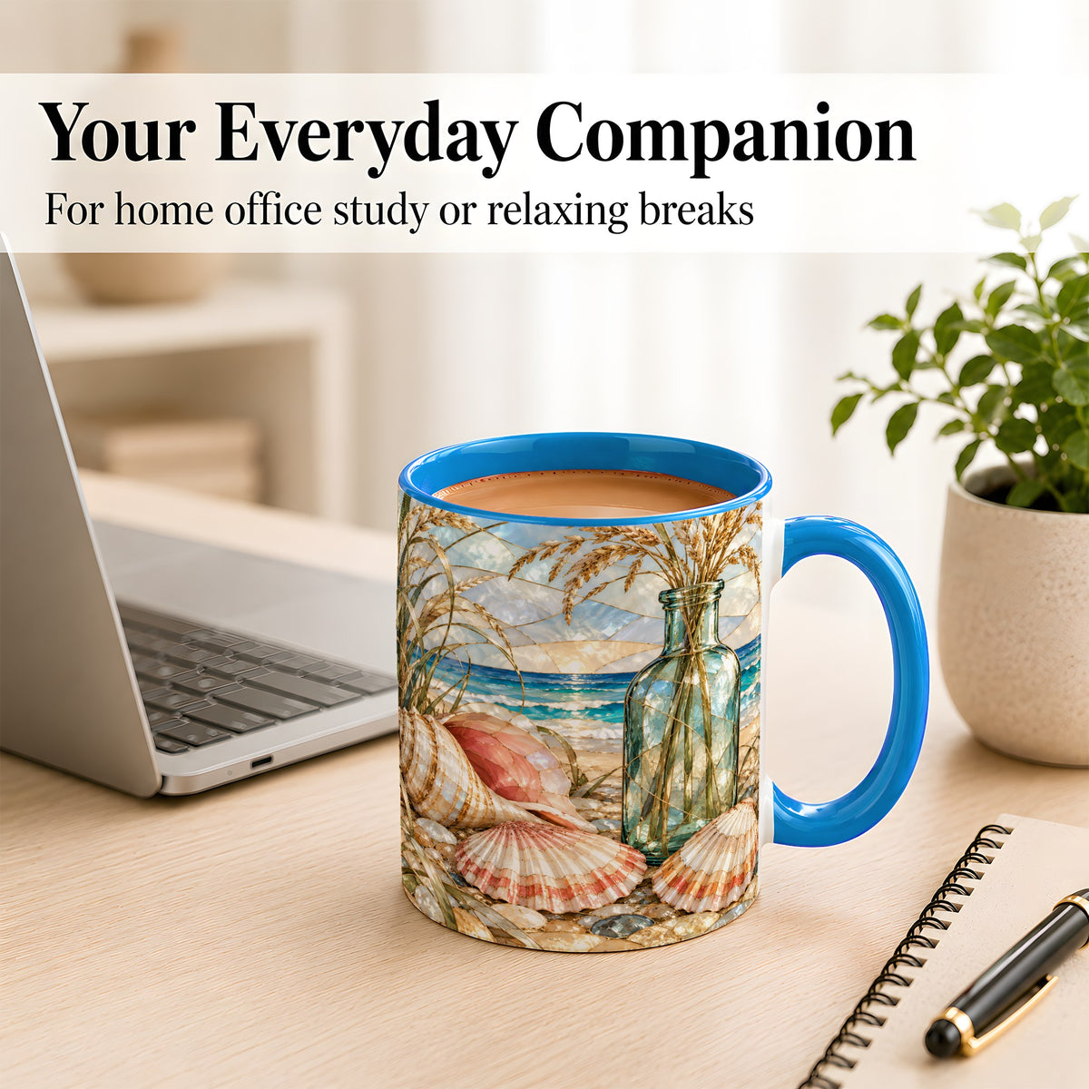#pl[11oz|Blue] Coastal Seashell Coffee Mug, Blue Bottle Beach Mug, Ceramic Cup