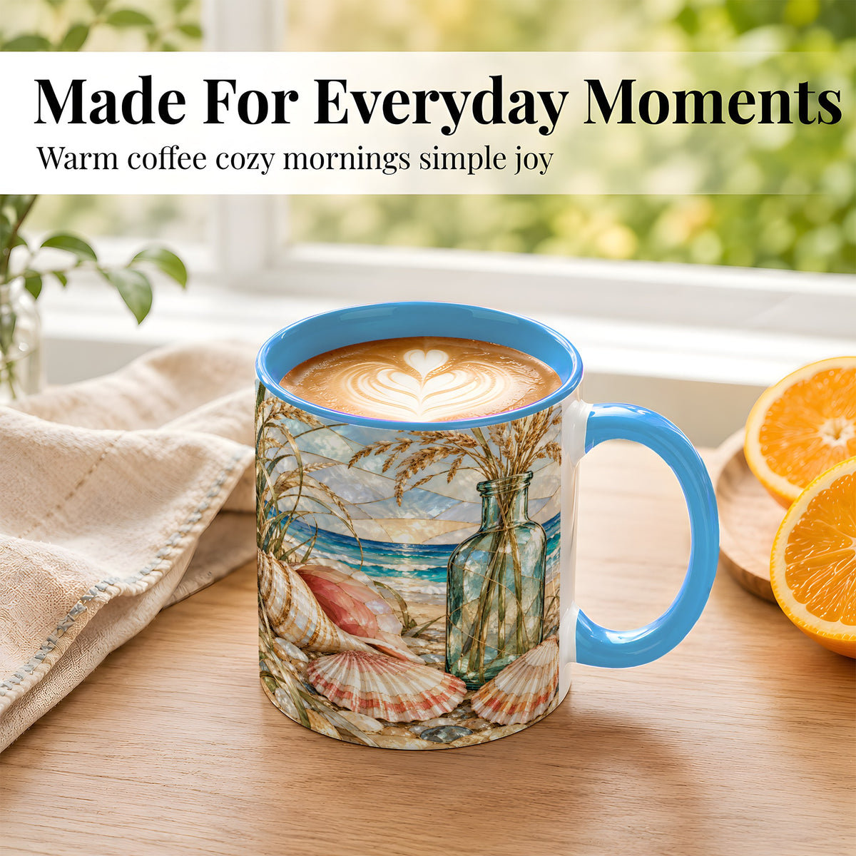 #pl[11oz|Blue] Coastal Seashell Coffee Mug, Blue Bottle Beach Mug, Ceramic Cup