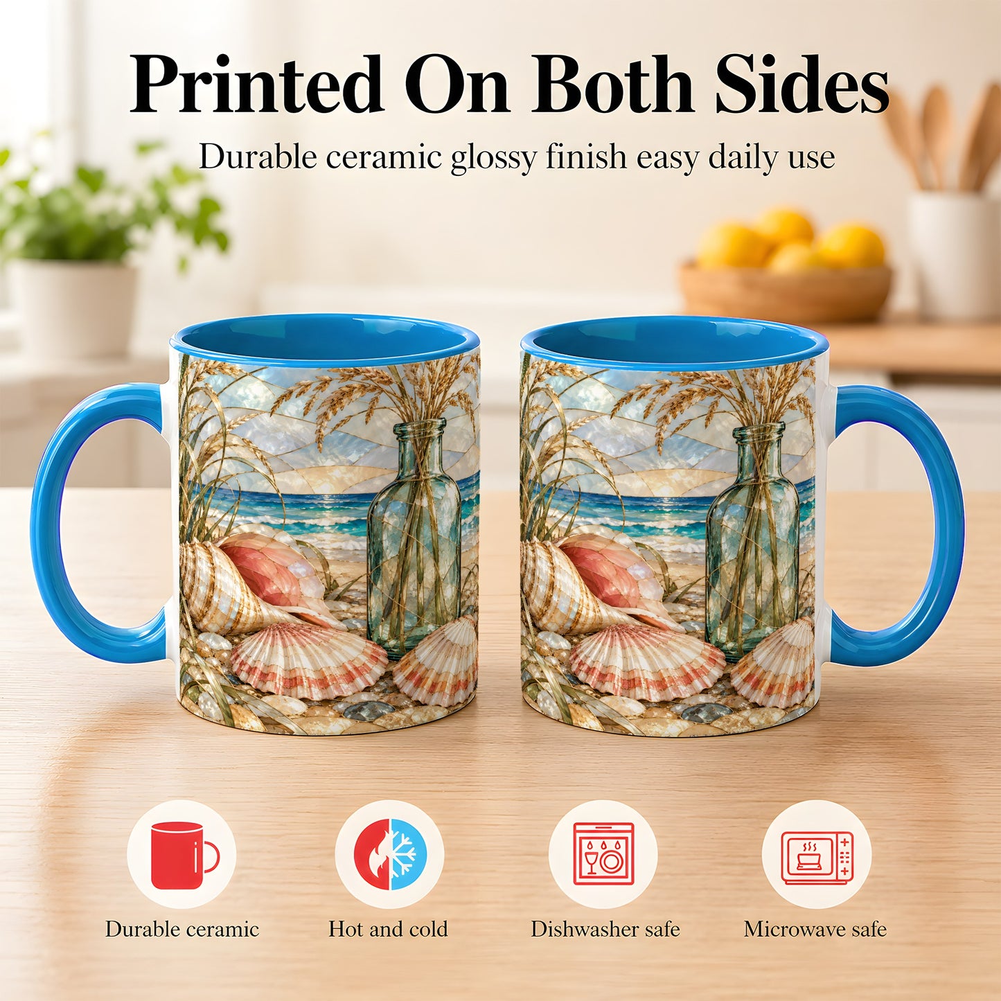 #pl[11oz|Blue] Coastal Seashell Coffee Mug, Blue Bottle Beach Mug, Ceramic Cup