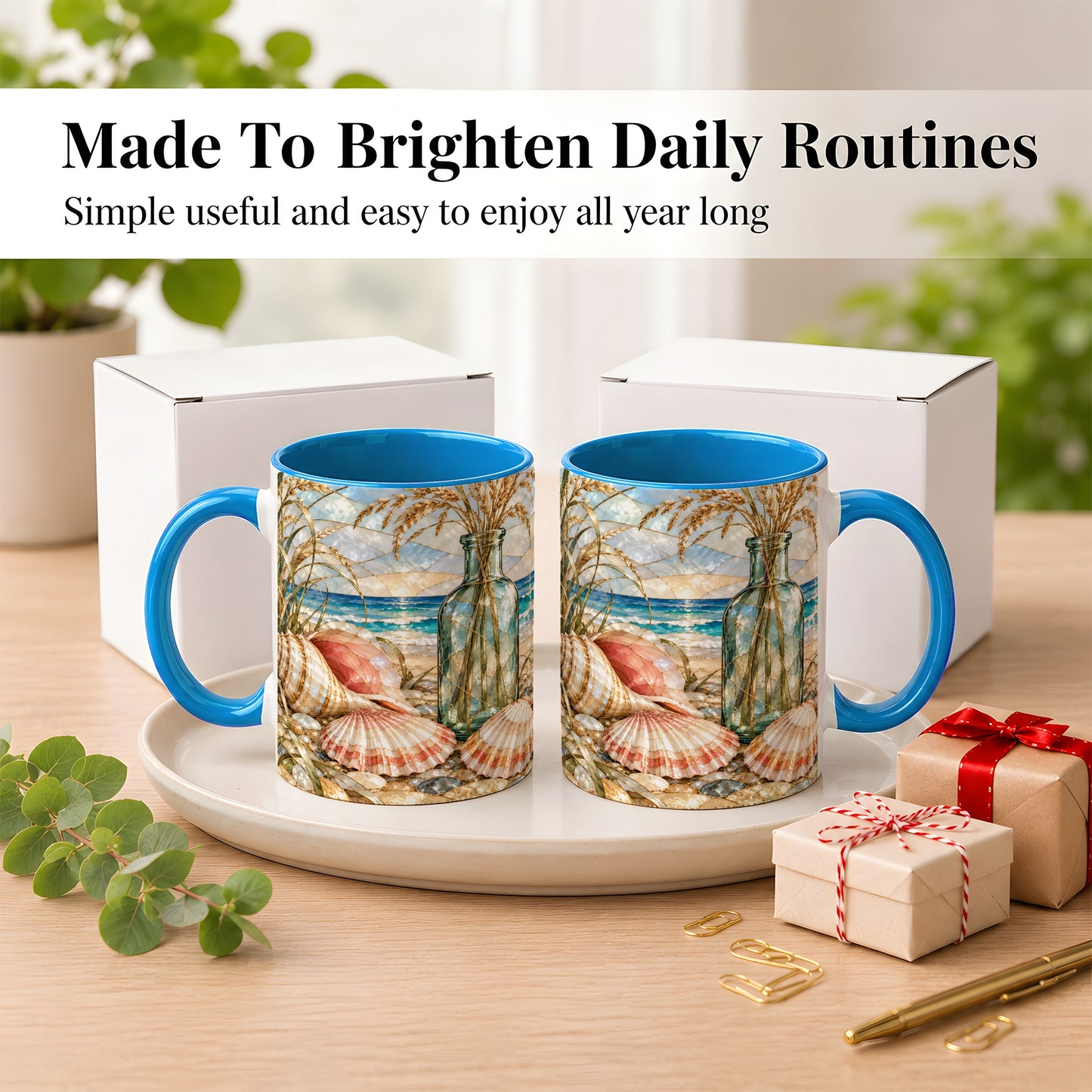 #pl[11oz|Blue] Coastal Seashell Coffee Mug, Blue Bottle Beach Mug, Ceramic Cup