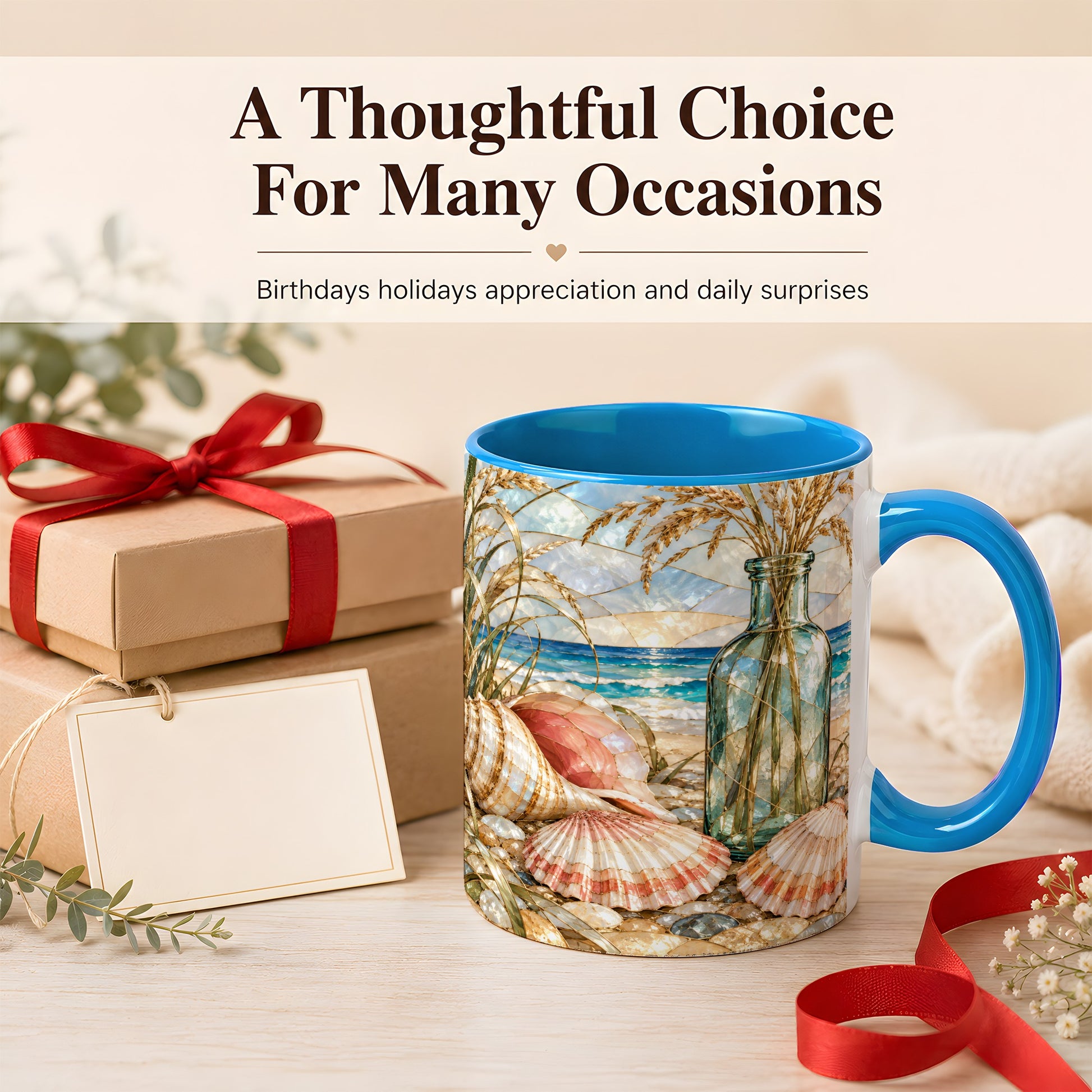 #pl[11oz|Blue] Coastal Seashell Coffee Mug, Blue Bottle Beach Mug, Ceramic Cup