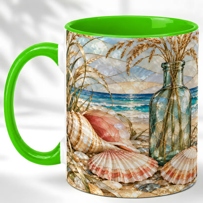 #pl[11oz|Green] Coastal Seashell Coffee Mug, Blue Bottle Beach Mug, Ceramic Cup