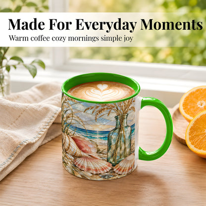 #pl[11oz|Green] Coastal Seashell Coffee Mug, Blue Bottle Beach Mug, Ceramic Cup