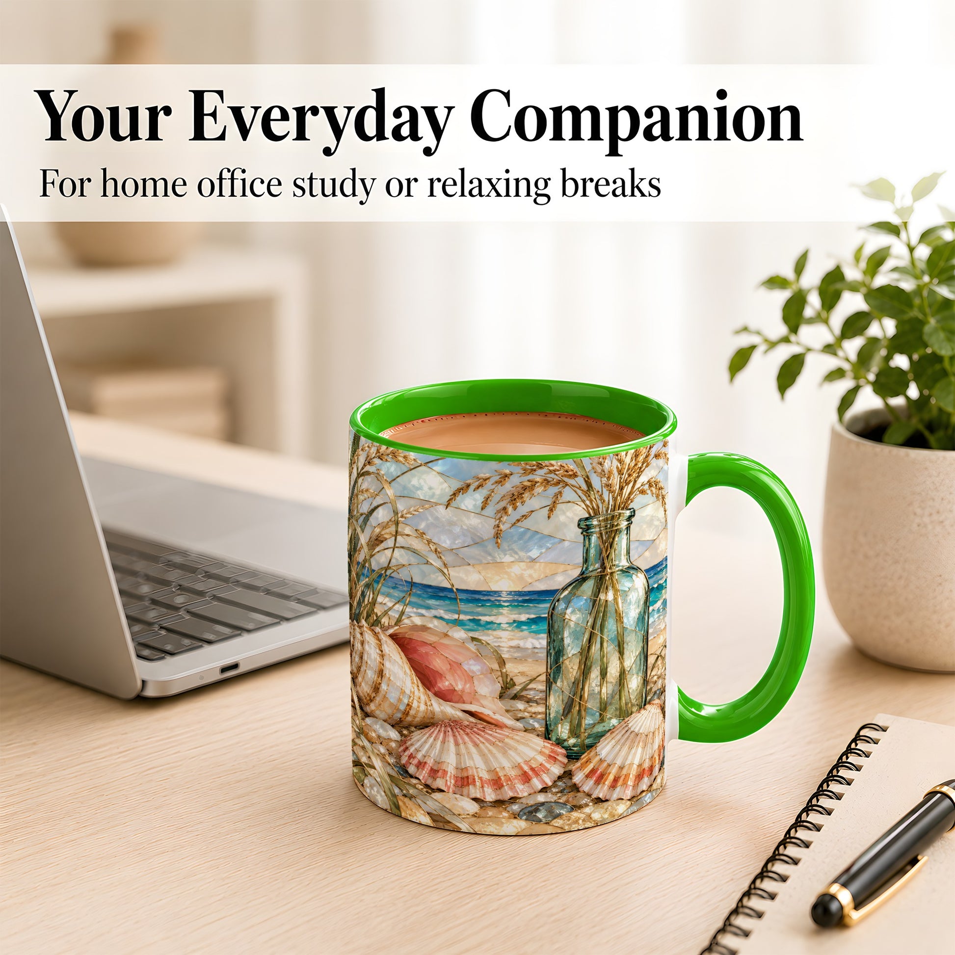 #pl[11oz|Green] Coastal Seashell Coffee Mug, Blue Bottle Beach Mug, Ceramic Cup