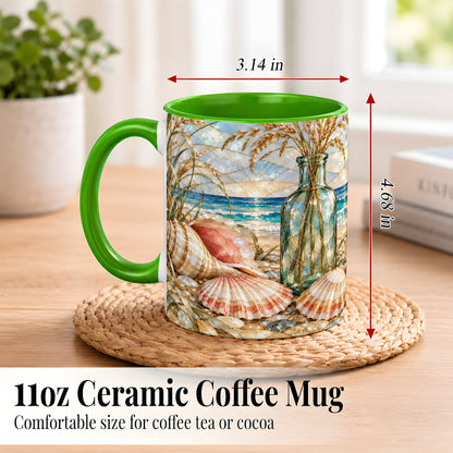 #pl[11oz|Green] Coastal Seashell Coffee Mug, Blue Bottle Beach Mug, Ceramic Cup