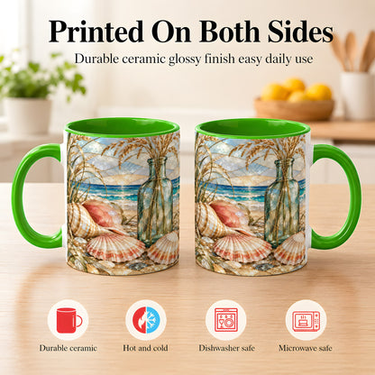 #pl[11oz|Green] Coastal Seashell Coffee Mug, Blue Bottle Beach Mug, Ceramic Cup