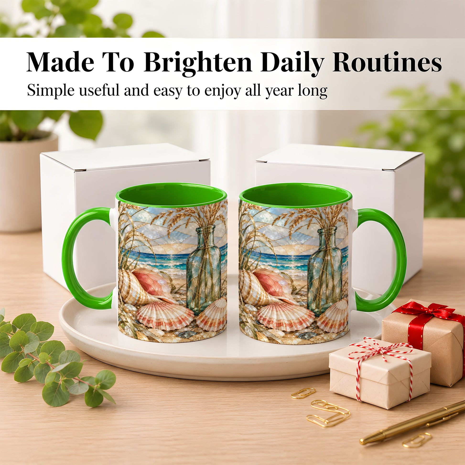 #pl[11oz|Green] Coastal Seashell Coffee Mug, Blue Bottle Beach Mug, Ceramic Cup