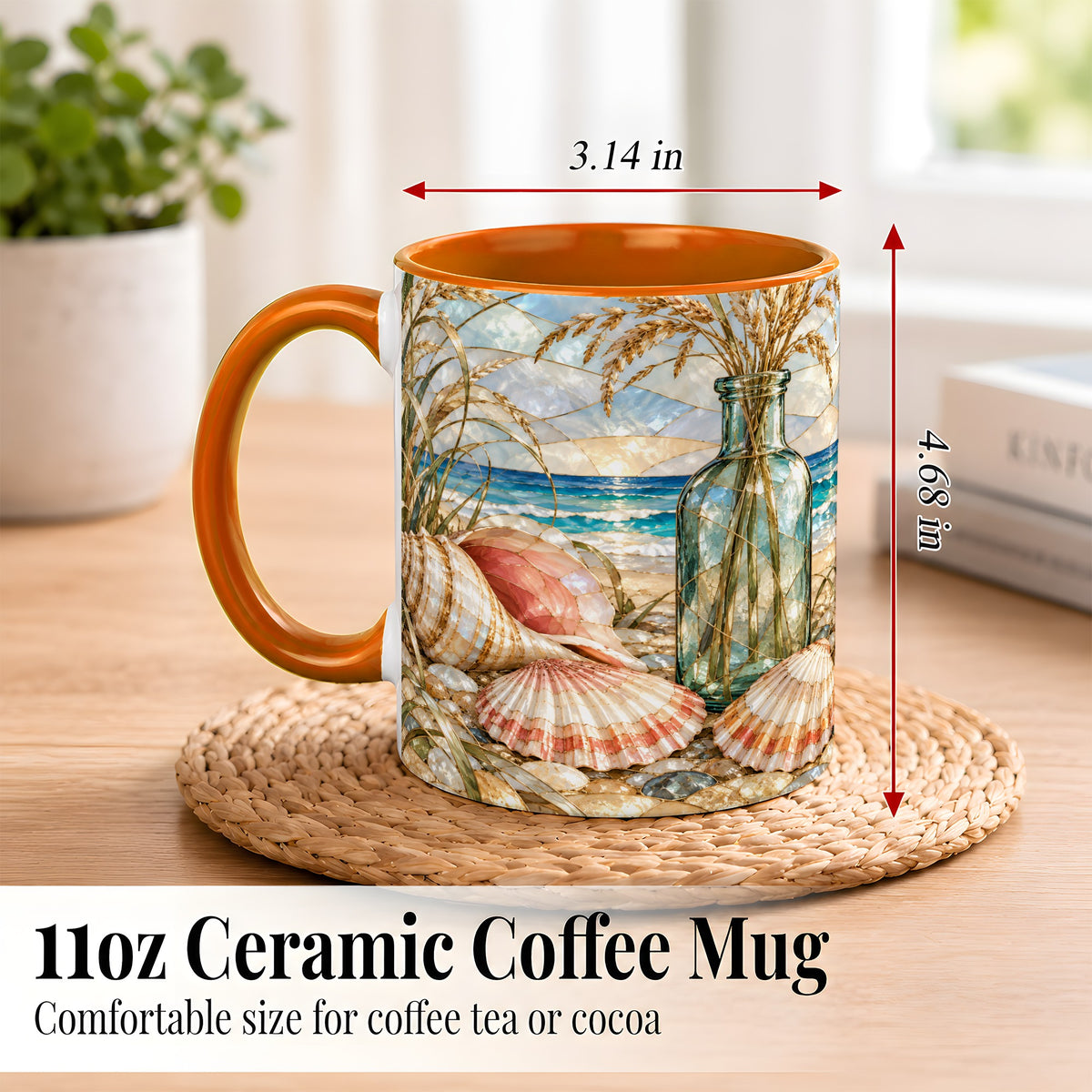 #pl[11oz|Orange] Coastal Seashell Coffee Mug, Blue Bottle Beach Mug, Ceramic Cup