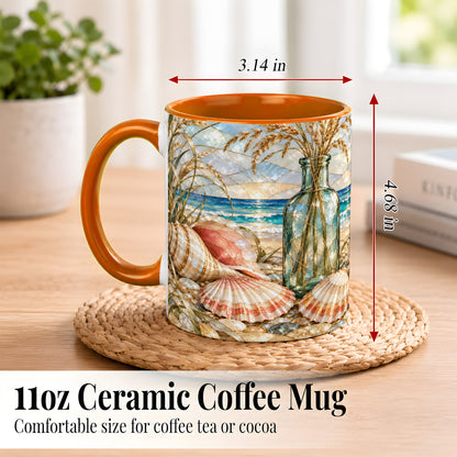 #pl[11oz|Orange] Coastal Seashell Coffee Mug, Blue Bottle Beach Mug, Ceramic Cup