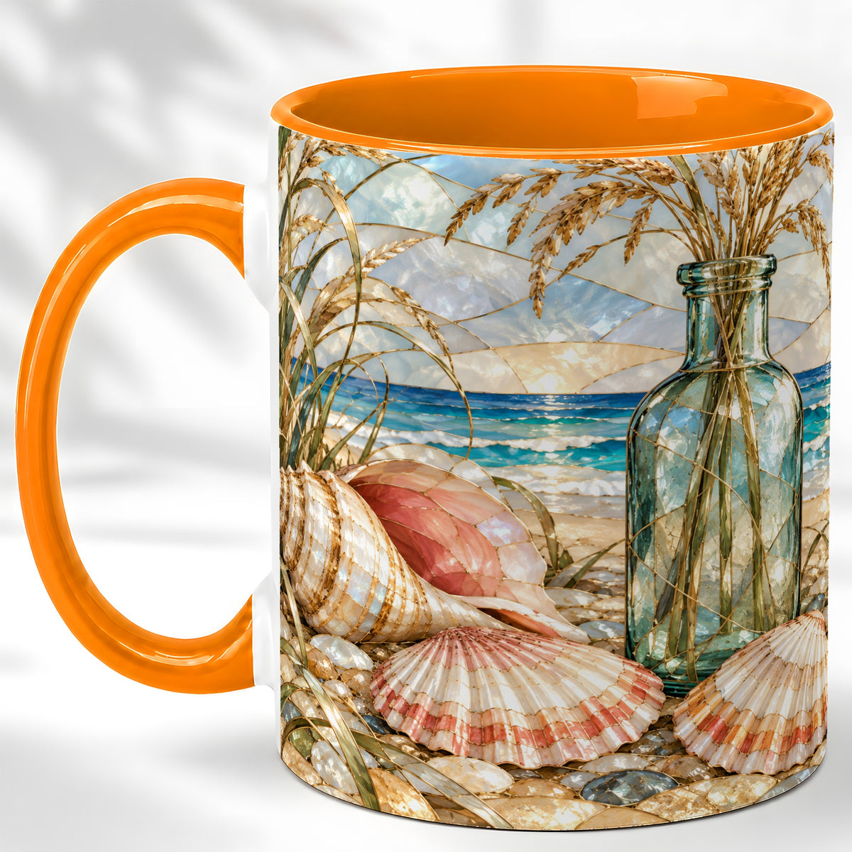 #pl[11oz|Orange] Coastal Seashell Coffee Mug, Blue Bottle Beach Mug, Ceramic Cup