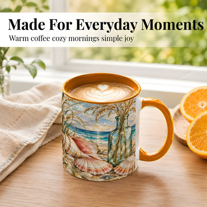 #pl[11oz|Orange] Coastal Seashell Coffee Mug, Blue Bottle Beach Mug, Ceramic Cup