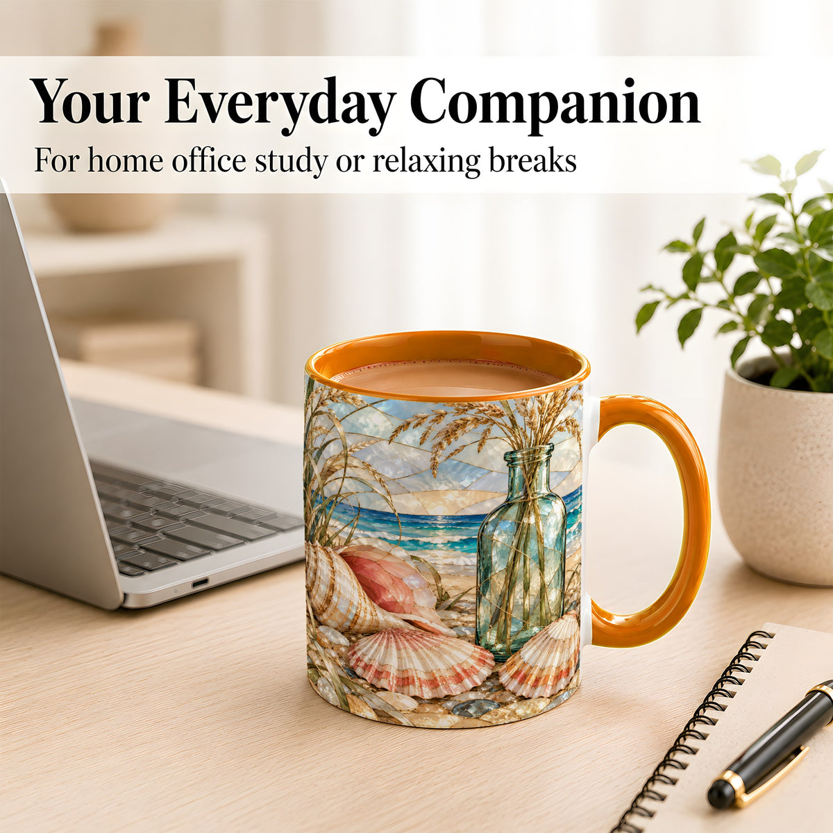 #pl[11oz|Orange] Coastal Seashell Coffee Mug, Blue Bottle Beach Mug, Ceramic Cup