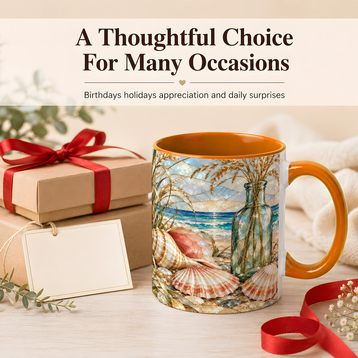 #pl[11oz|Orange] Coastal Seashell Coffee Mug, Blue Bottle Beach Mug, Ceramic Cup