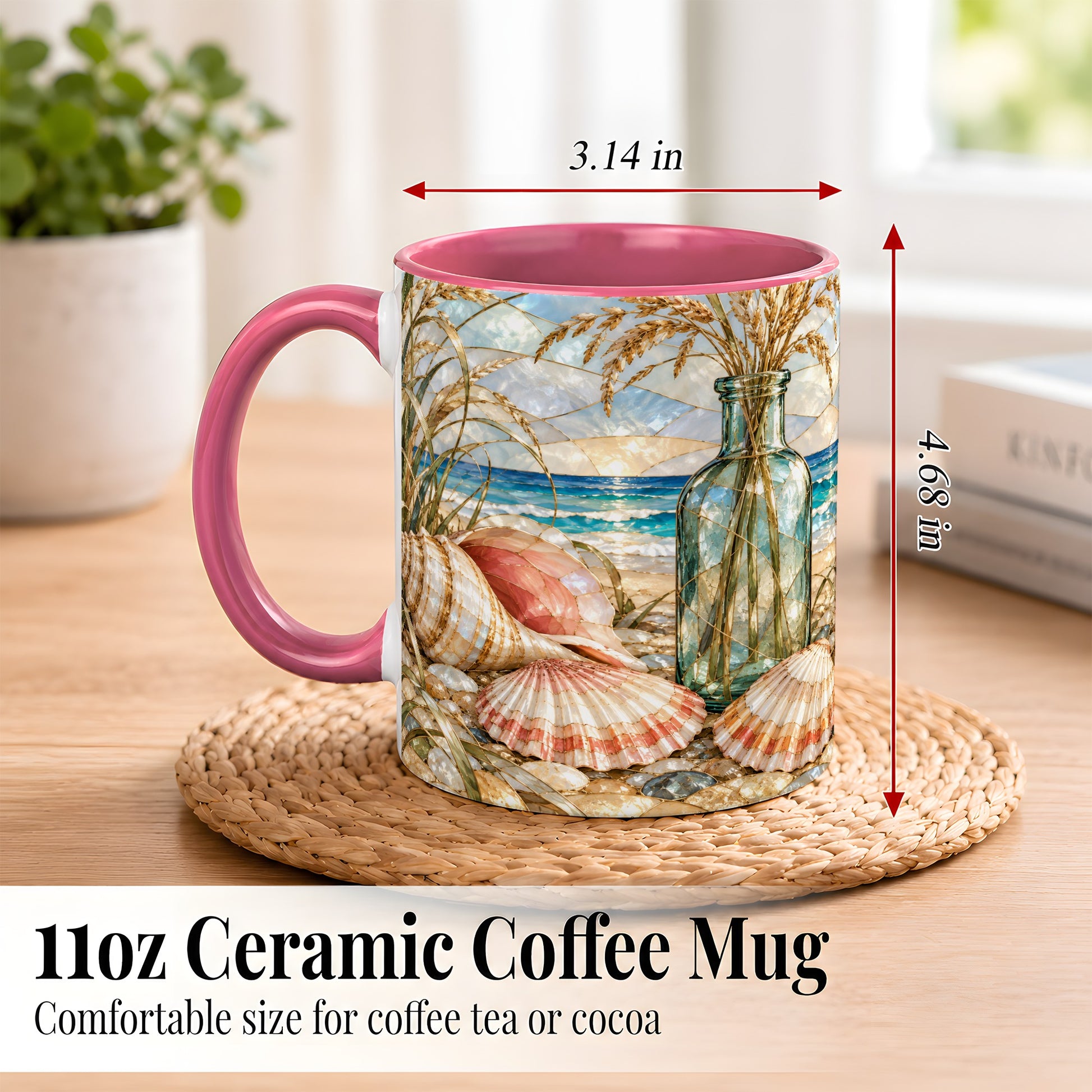 #pl[11oz|Pink] Coastal Seashell Coffee Mug, Blue Bottle Beach Mug, Ceramic Cup