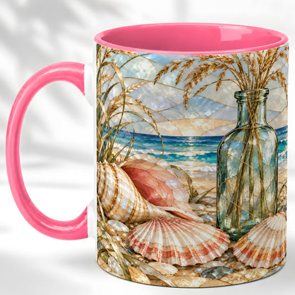 #pl[11oz|Pink] Coastal Seashell Coffee Mug, Blue Bottle Beach Mug, Ceramic Cup