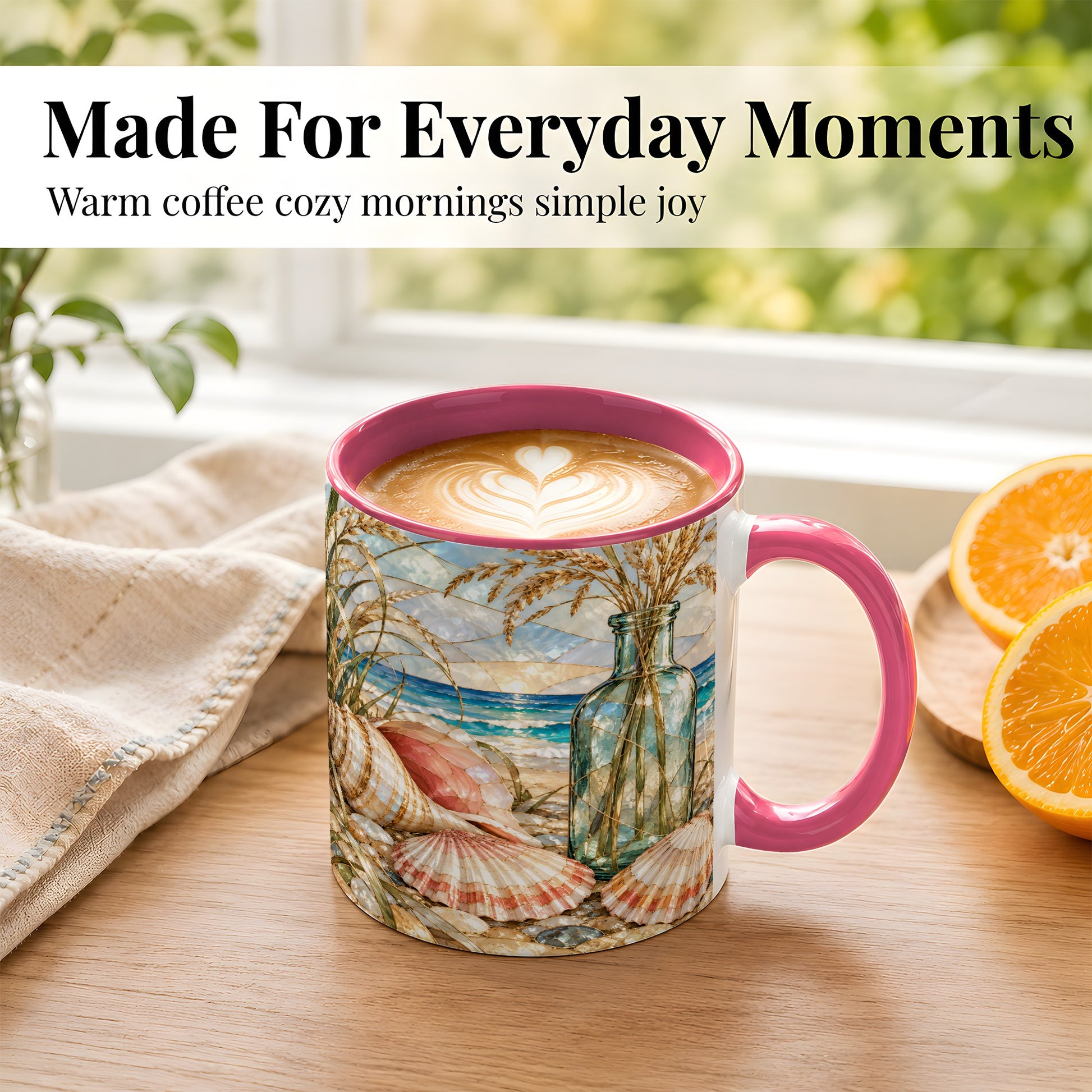 #pl[11oz|Pink] Coastal Seashell Coffee Mug, Blue Bottle Beach Mug, Ceramic Cup
