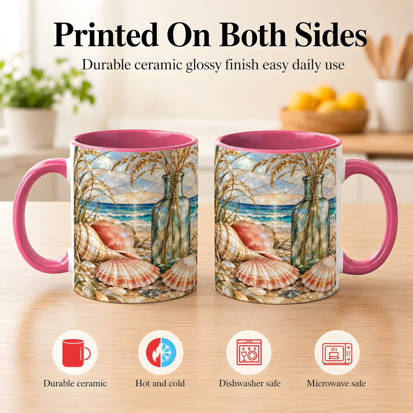 #pl[11oz|Pink] Coastal Seashell Coffee Mug, Blue Bottle Beach Mug, Ceramic Cup