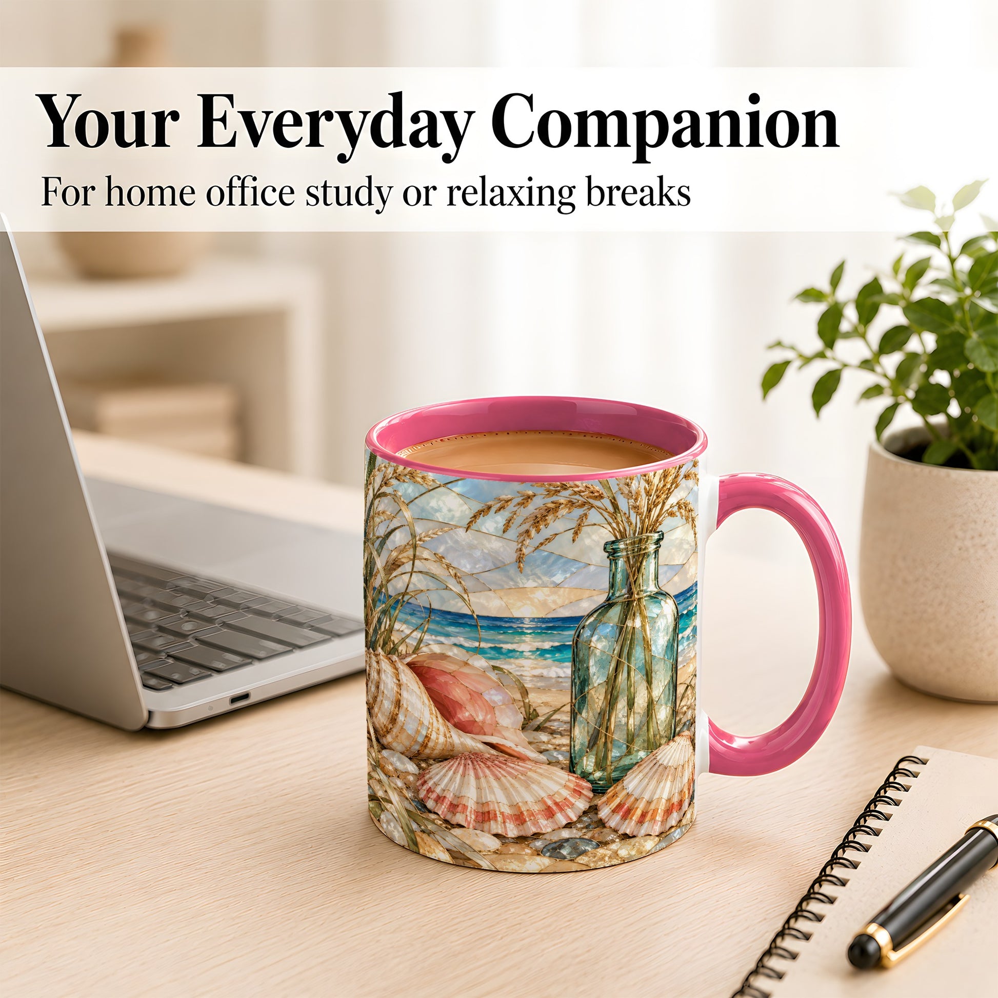 #pl[11oz|Pink] Coastal Seashell Coffee Mug, Blue Bottle Beach Mug, Ceramic Cup