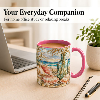 #pl[11oz|Pink] Coastal Seashell Coffee Mug, Blue Bottle Beach Mug, Ceramic Cup