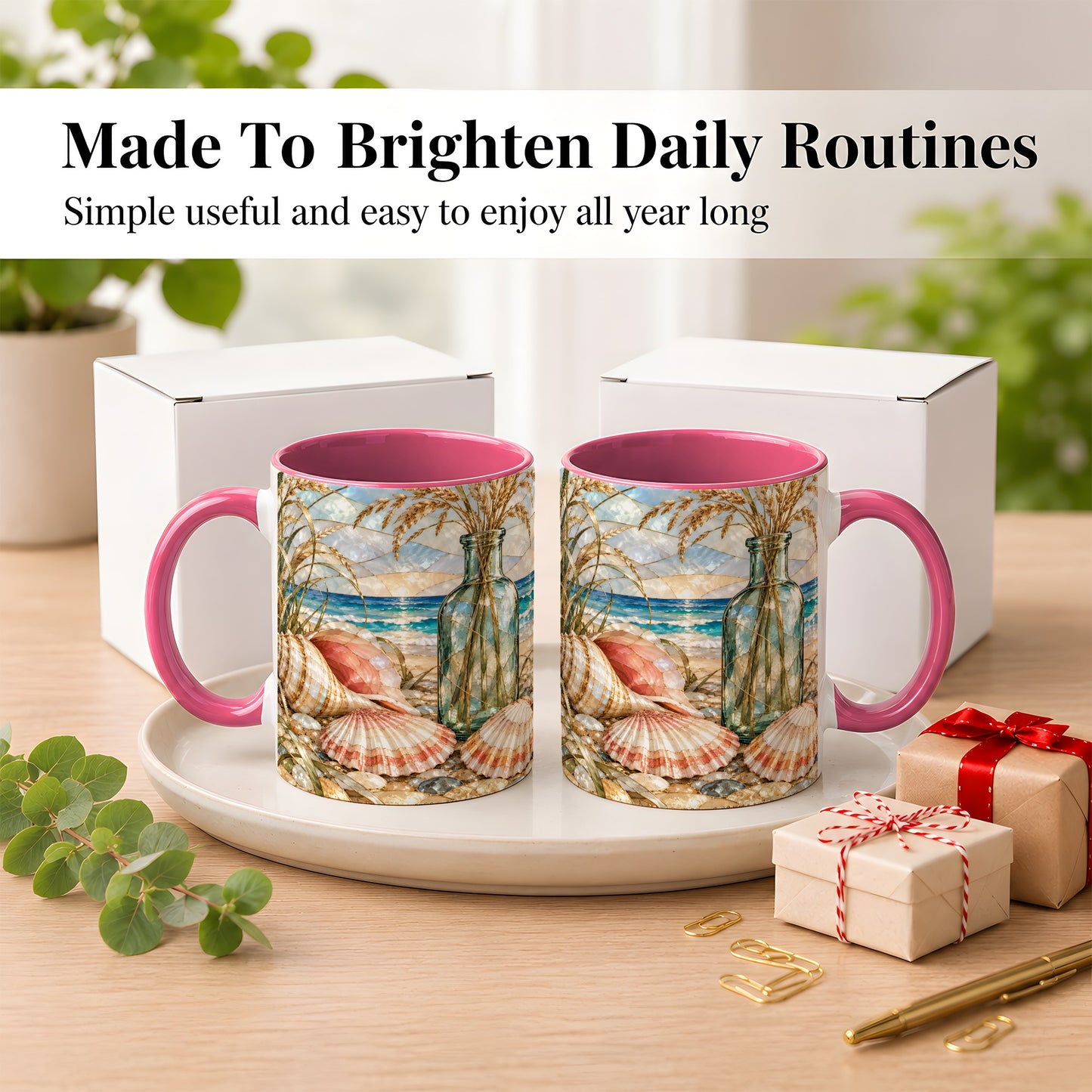 #pl[11oz|Pink] Coastal Seashell Coffee Mug, Blue Bottle Beach Mug, Ceramic Cup