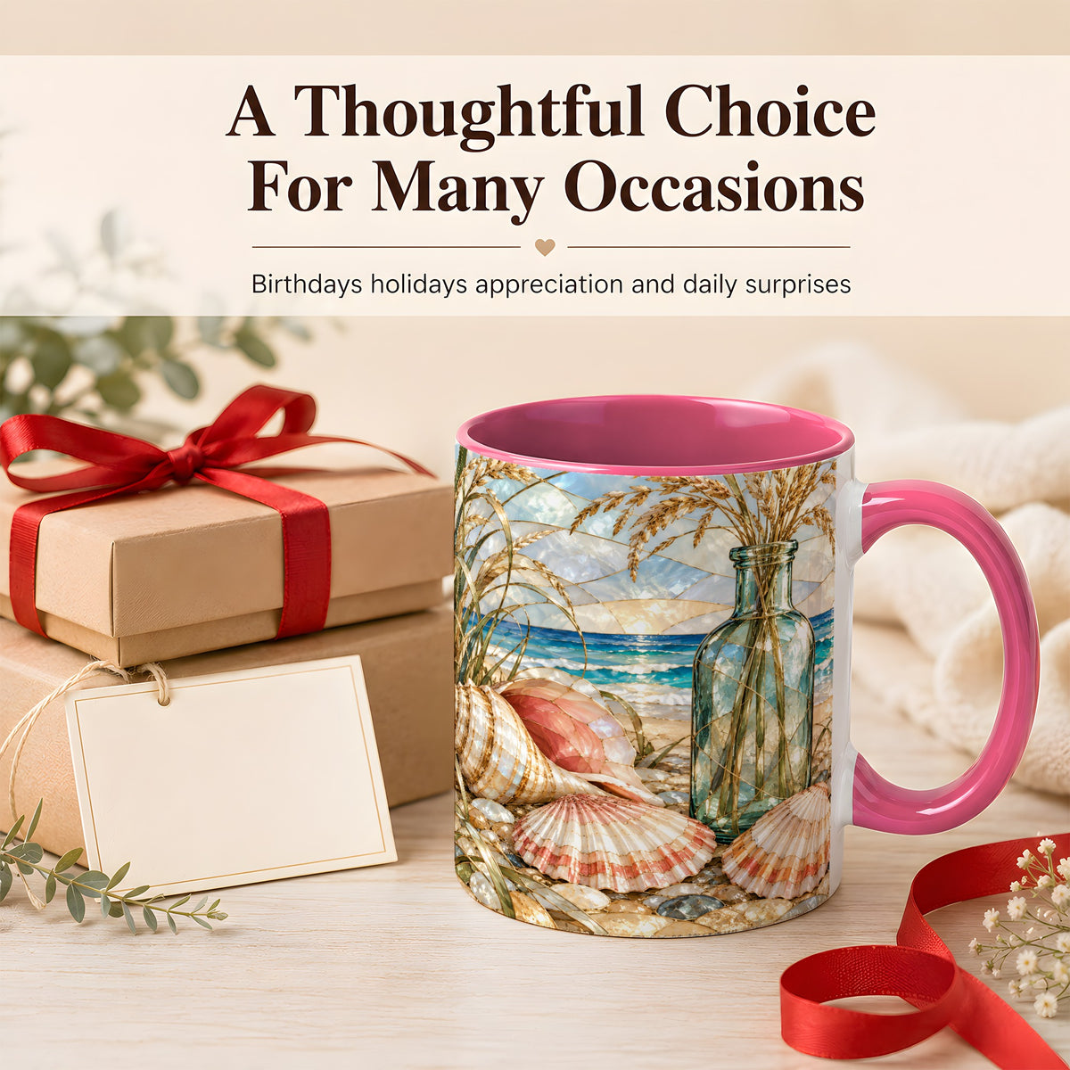 #pl[11oz|Pink] Coastal Seashell Coffee Mug, Blue Bottle Beach Mug, Ceramic Cup