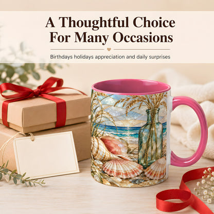 #pl[11oz|Pink] Coastal Seashell Coffee Mug, Blue Bottle Beach Mug, Ceramic Cup