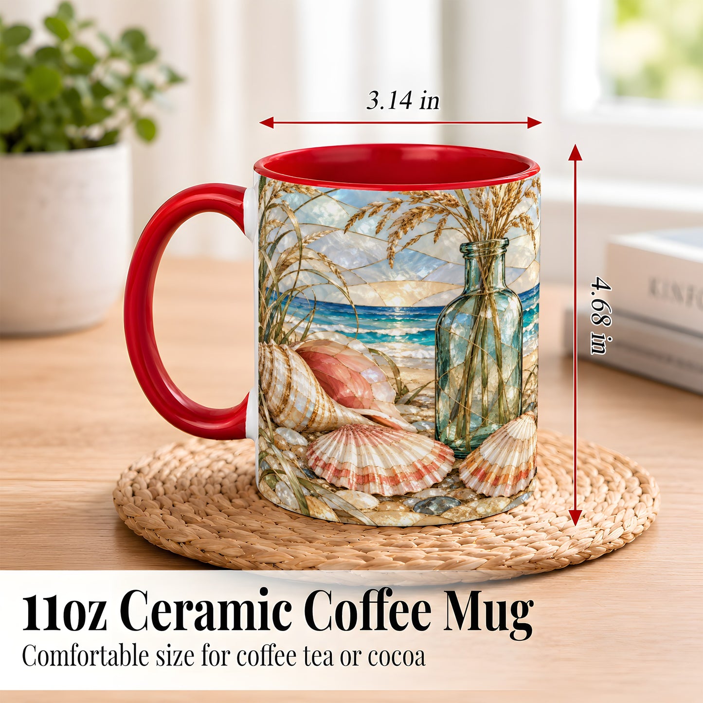 #pl[11oz|Red] Coastal Seashell Coffee Mug, Blue Bottle Beach Mug, Ceramic Cup