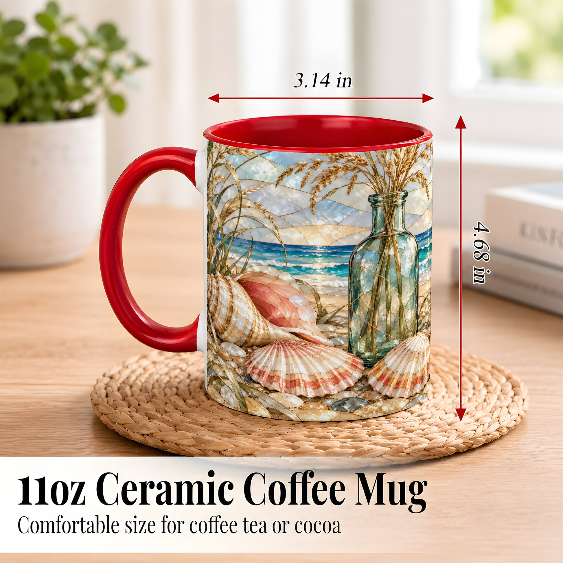 #pl[11oz|Red] Coastal Seashell Coffee Mug, Blue Bottle Beach Mug, Ceramic Cup