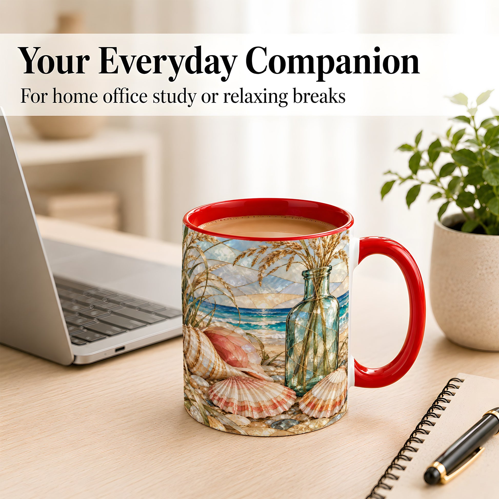 #pl[11oz|Red] Coastal Seashell Coffee Mug, Blue Bottle Beach Mug, Ceramic Cup