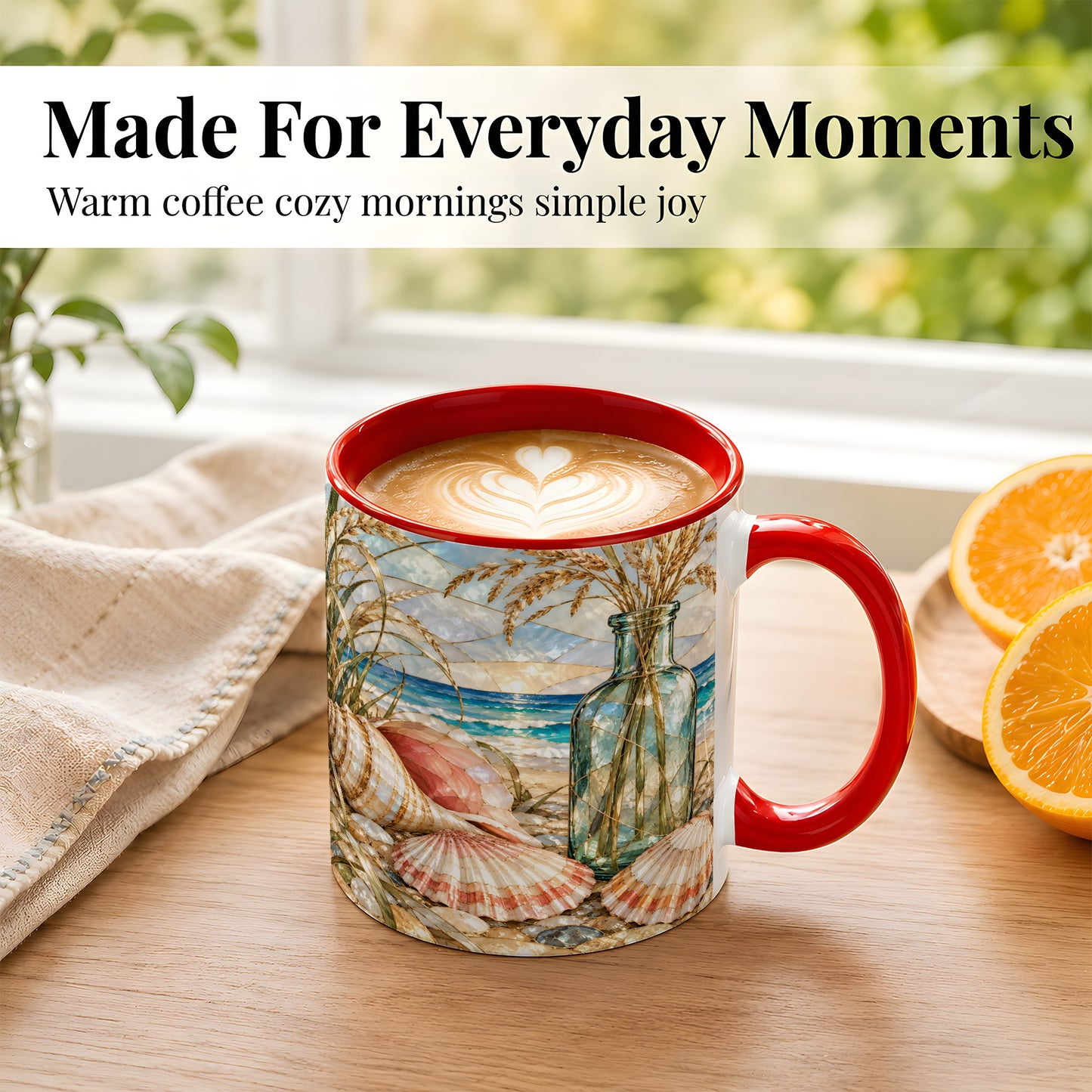 #pl[11oz|Red] Coastal Seashell Coffee Mug, Blue Bottle Beach Mug, Ceramic Cup