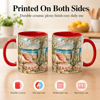 #pl[11oz|Red] Coastal Seashell Coffee Mug, Blue Bottle Beach Mug, Ceramic Cup