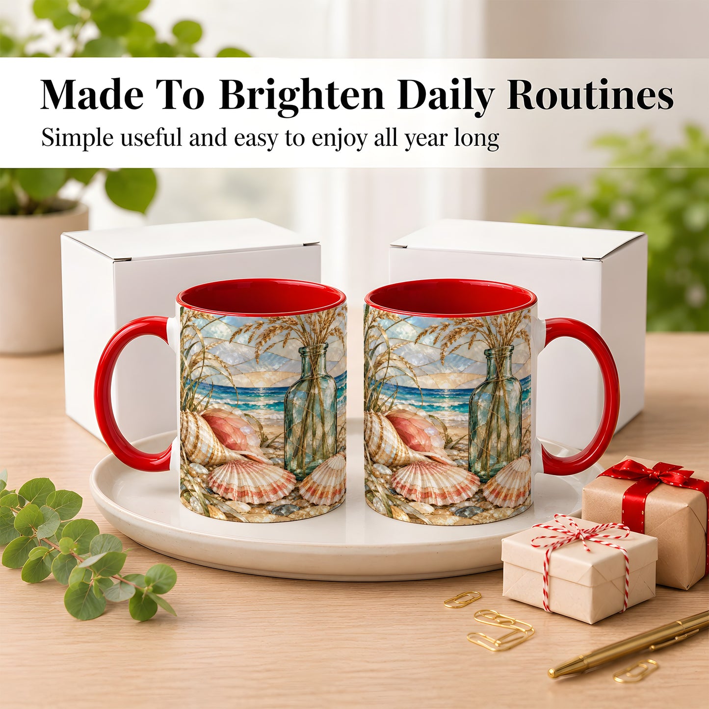 #pl[11oz|Red] Coastal Seashell Coffee Mug, Blue Bottle Beach Mug, Ceramic Cup
