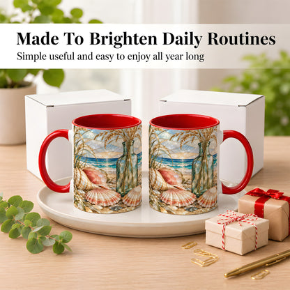 #pl[11oz|Red] Coastal Seashell Coffee Mug, Blue Bottle Beach Mug, Ceramic Cup
